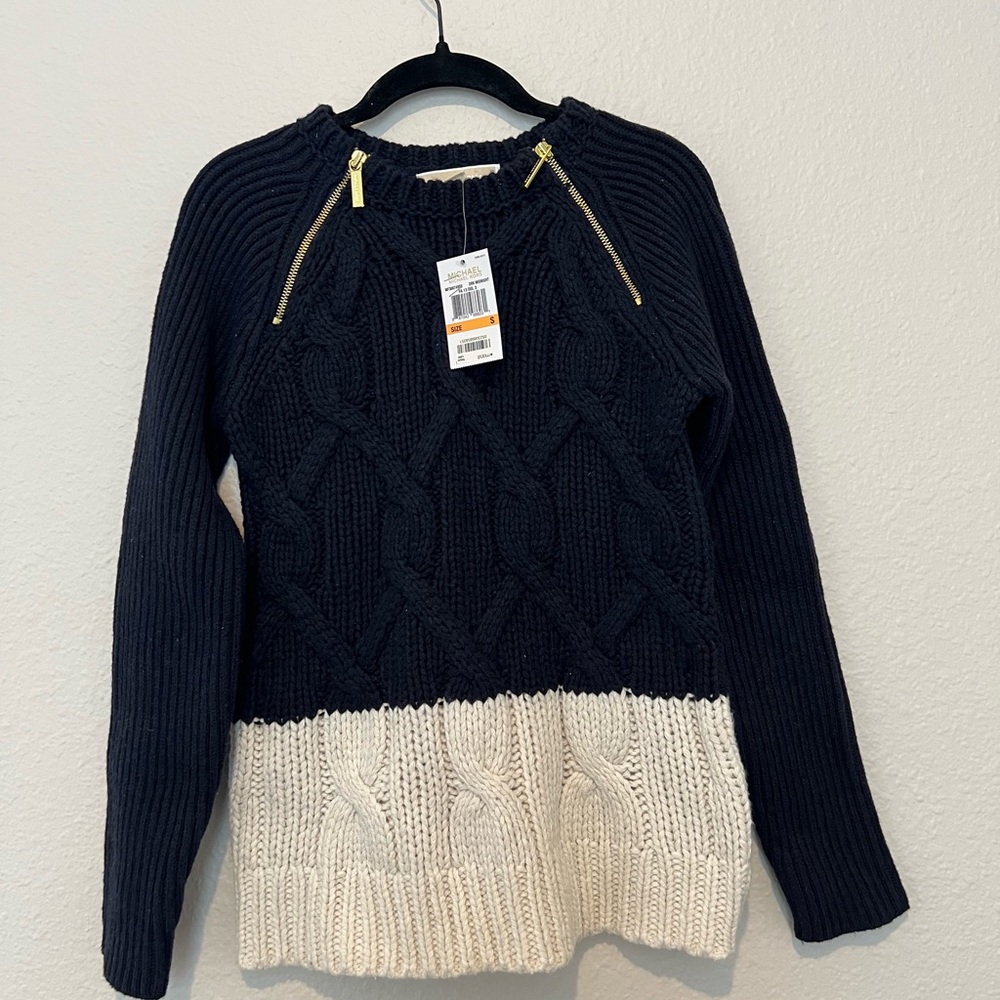 Michael Kors Navy and Cream Cable Knit Sweater